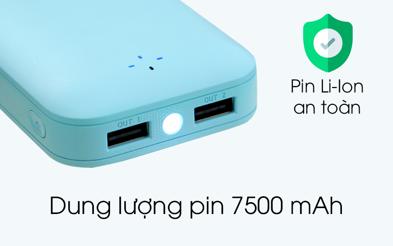 Dung lượng 7500 mAh có thể sạc được từ 1-2 lần đầy pin